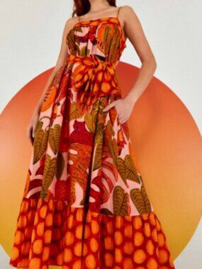 FARM Rio Pink Orange Green Leaf-Print Strapless Maxi Dress